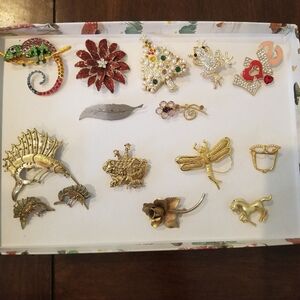 13 Brooches and A Pair of Earrings Vintage Some Signed